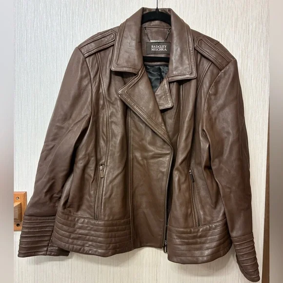 Badgley Mischka Women's Chocolate Genuine Leather Jacket Size 3X - Picture 2 of 9
